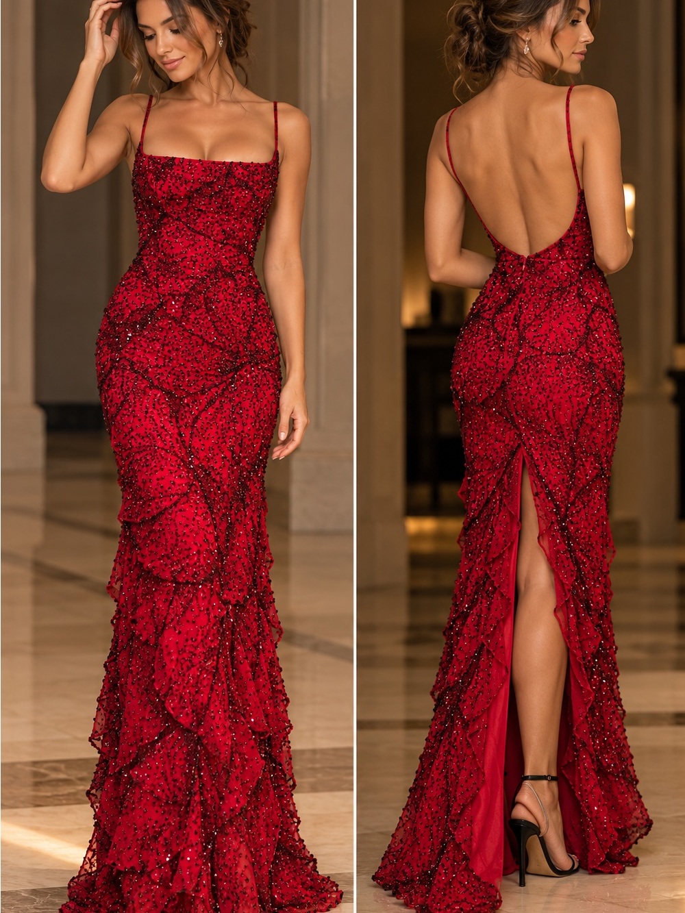 Lord & Taylor Red Beaded Spaghetti-Strap Evening Gown